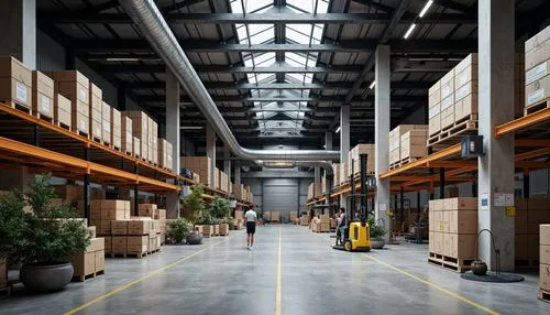 Industrial warehouse, exposed ductwork, metallic beams, functional pipes, concrete floors, minimalist decor, geometric shapes, bold color accents, modern machinery, automated storage systems, high-bay