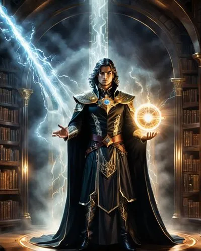 a magician performs a show of light deception in a mystical atmosphere of the play of light and shadow,a man is standing in a room with books on the wall,raistlin,sorceror,sorcerer,fingon,thingol,sere