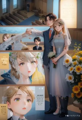 Manga page in english, make it colorful, its a japanese wedding, bride groom and a small boy, in a church, ring wearing ,an image of a couple posing for pictures in wedding attire,shinran,wedding cere