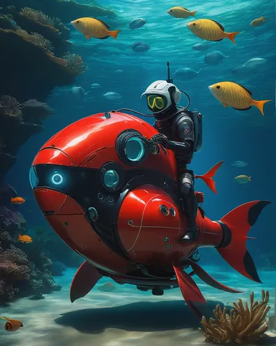 aquanaut,submersible,scuba,divemaster,scuba diving,diving bell,marine animal,under sea,underwater fish,aquatic life,underwater background,deep-submergence rescue vehicle,underwater diving,under the sea,pilotfish,semi-submersible,sea scouts,deep sea diving,marine life,underwater sports,Illustration,Japanese style,Japanese Style 21