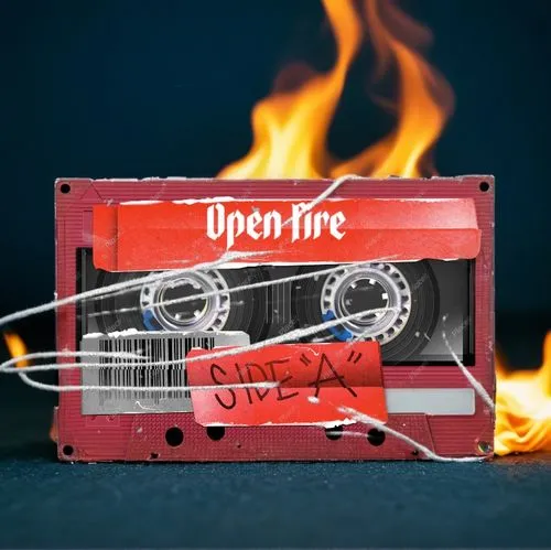 White red and navy blue color scheme cassette tape, on fire, display product, ,open flames,openers,firebox,firewire,open hardware,fireback,fire ring,fireroom,make fire,firestarter,start fire,fire-exti