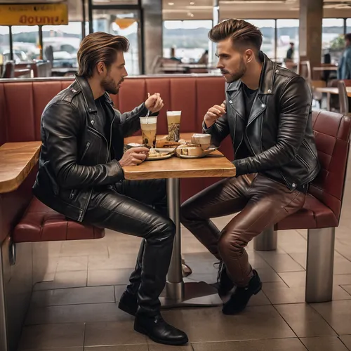 leather boots,retro diner,leather jacket,leather,cafe racer,black leather,rockabilly style,the coffee shop,leather shoes,coffee break,motorcycle boot,truck stop,men sitting,coffee shop,leather texture,biker,harley-davidson,motorcycles,leather shoe,men's wear,Photography,General,Natural