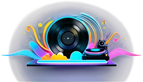 Sound waves, musical notes, audio equalizer, DJ console, headphones, microphone, speaker, vinyl record, CD player, cassette tape, soundboard, futuristic neon lights, metallic surface, abstract composi