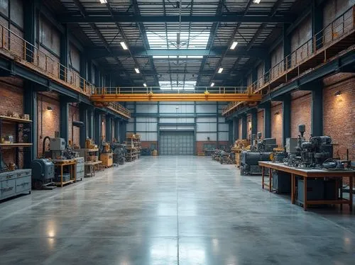 Industrial warehouse, metal frame structure, corrugated steel roofing, concrete flooring, exposed brick walls, industrial lighting fixtures, metal shelving units, durable epoxy coatings, heavy-duty ma