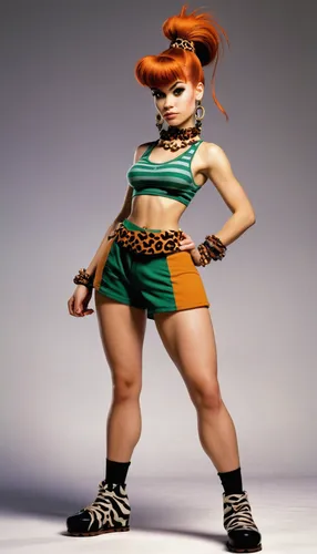 Pebbles Flintstone, an 18-year-old character from The Pebbles and Bamm-Bamm Show, wearing a  outfit of her character,rockabella,pippi longstocking,spice up,lindsey stirling,hip-hop dance,redhead doll,