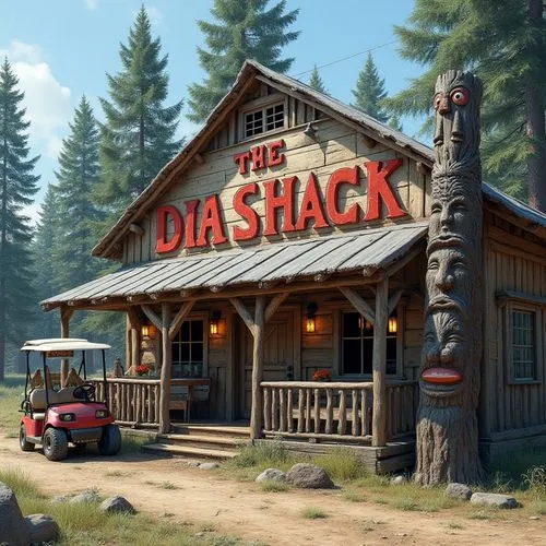 Huge tall fancy shack, The mystery shack with roof and porch with a big sign with big letters painted in red paint tourist attraction gift shop with dirt path with pine trees with golf cart in bright 