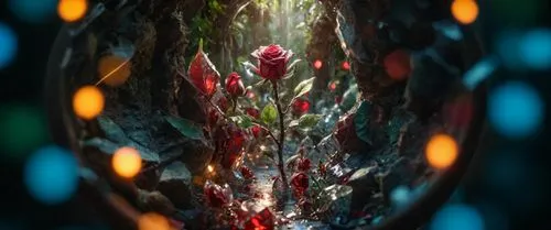 пусто,looking through a circular object to a colorful flower,raindrop rose,stained glass,red rose in rain,droplet,bloodstone,lava lamp