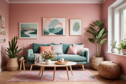 living room,livingroom,sitting room,house plants,modern decor,houseplants,furnishing,decor,interior design,pink chair,soft furniture,decors,interior decor,redecorate,apartment lounge,danish room,gold-pink earthy colors,pastel colors,houseplant,decortication,Illustration,American Style,American Style 12