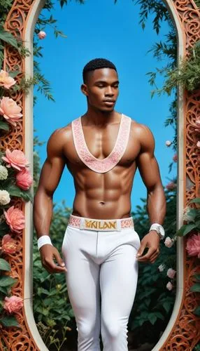 The scene is set in a lush garden, with vibrant flowers and herbs growing in the gentle breeze. A African chad Student top Model muscular adonis men with men perfect body and wearing white latex gloss