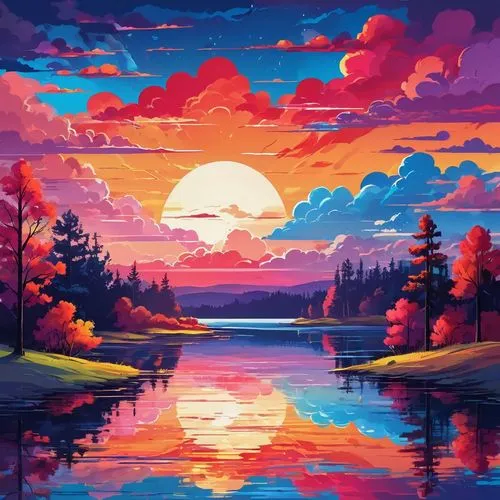 evening lake,landscape background,incredible sunset over the lake,beautiful wallpaper,river landscape,nature background,colorful background,splendid colors,nature landscape,beautiful landscape,acid lake,beautiful lake,dusk background,purple landscape,fantasy landscape,colorful water,mountainlake,hd wallpaper,dusk,mountain sunrise,Illustration,Japanese style,Japanese Style 06