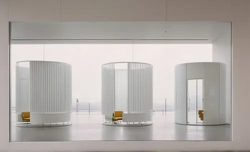 Make it more beautiful with colorful glasses. these are booths for listening to music,glass wall,modern minimalist bathroom,room divider,revolving door,three pillars,mirror house,pillars,columns,glass