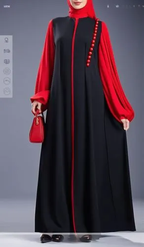 3d fashion red abaya for Muslim hejab with red with many of pleats on the sleeves and pilesee on the sleeves with white bag on the hand with line of red bottoms in the above of the right of abaya red 