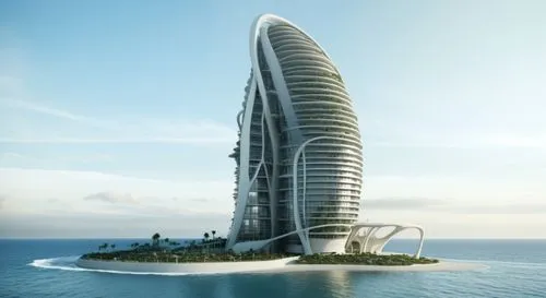 Architectural design concept for an eco-friendly oval shape skyscraper by the seashore, inspired by nature and incorporating greenery on every floor. The exterior features organic shapes with flowing 