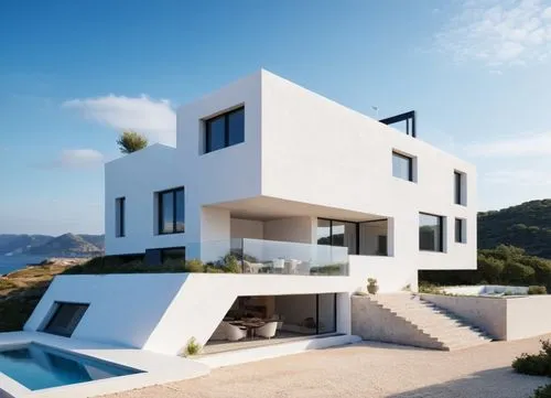 cubic house, award winning,white architecture with swimming pool near the hillside,modern house,dunes house,cubic house,modern architecture,cube house,dreamhouse