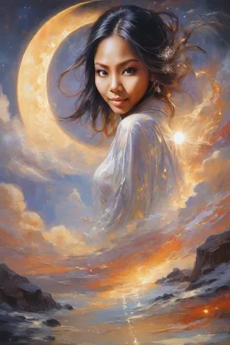 this is an oil painting of a girl,mystical portrait of a girl,moondragon,moonchild,fantasy picture,fantasy art,dreamtime