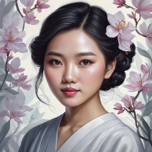 jasmine blossom,chinese art,hanbok,oriental princess,mulan,oriental painting,plum blossom,asian woman,geisha,world digital painting,fantasy portrait,flower painting,portrait background,oriental girl,junshan yinzhen,plum blossoms,digital painting,青龙菜,japanese woman,white blossom,Illustration,Abstract Fantasy,Abstract Fantasy 03