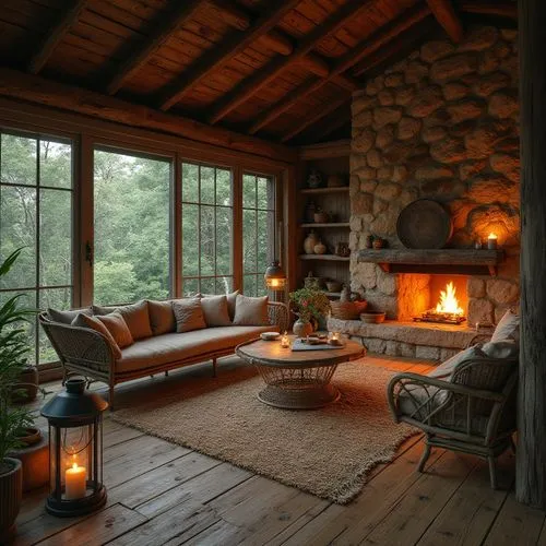 Rustic wooden cabins, natural stone walls, earthy clay floors, woven rattan furniture, vintage metal lanterns, reclaimed wood accents, organic textures, warm candlelight, cozy fireplaces, lush greener