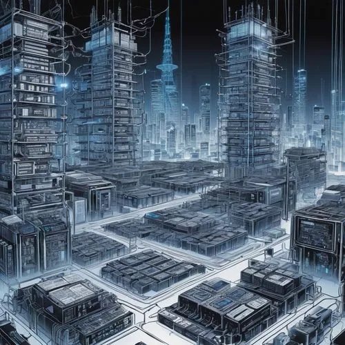 cybercity,cybertown,neuromancer,cyberport,arcology,metropolis,cyberworld,microdistrict,cyberia,destroyed city,dystopian,black city,tsuneo,shadowrun,sci fiction illustration,megalopolis,sedensky,cyberview,cyberpunk,cyberspace,Illustration,Paper based,Paper Based 30