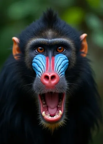 A wildlife photographer captures a close-up portrait of a shocked mandrill. The mandrill's mouth is open, and its eyes are wide in a dramatic expression. The bright blue coloration on the monkey's fac