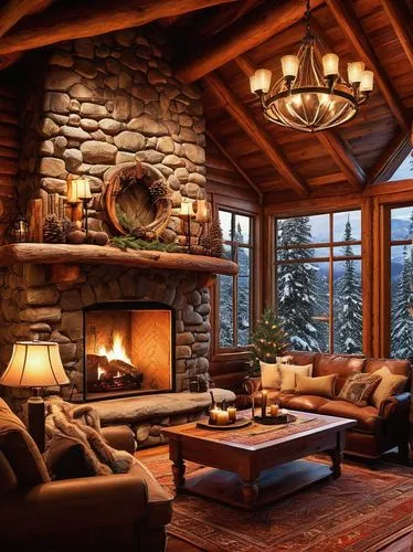 the cabin in the mountains,alpine style,fire place,warm and cozy,chalet,coziness,log cabin,winter house,christmas fireplace,fireplace,log home,coziest,beautiful home,fireplaces,house in the mountains,log fire,cozier,family room,house in mountains,rustic,Illustration,Retro,Retro 14