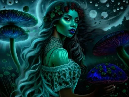 nude Beautiful nigerian girl, full dark curly hair, big green almond eyes, full black lips, misty sky,an illustration of a woman in the dark,fairie,faerie,leota,faery,fairy peacock,seelie,dryad,green 