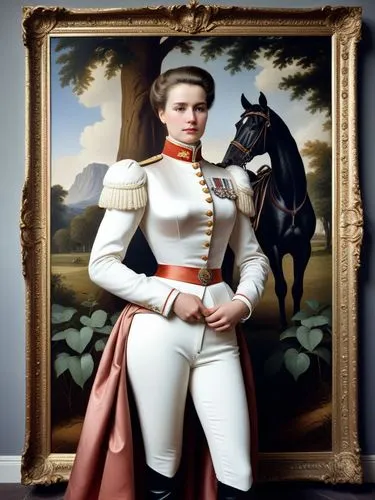 Karl stands at attention in front of the impressive equestrian portrait of his respectable Prussian girlfriend, Colonel-General Viktoria-Louise von Manteuffel.,a woman in white with a black horse on a