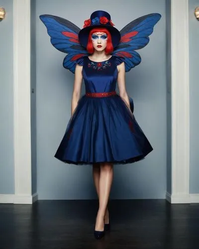 Dark blue dress; wearing elegant shoes,queen of hearts,rankin,doll dress,raggedy ann,homogenic,red and blue,ahs,evil fairy,blue butterfly,queen of liberty,fashion doll,galliano,delery,vinoodh,wicked w