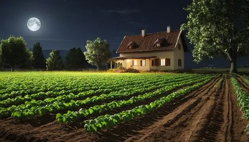 vegetables landscape,home landscape,moonlit night,farm landscape,farm background,landscape lighting,organic farm,farm house,vegetable field,farmhouse,energy-saving bulbs,agricultural,houses clipart,night scene,vegetable garden,landscape background,stock farming,rural landscape,farming,agriculture,Photography,General,Realistic