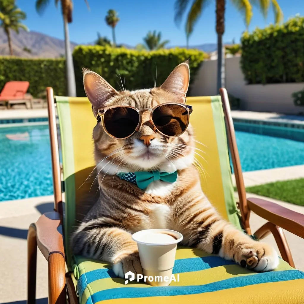  image of a cat, wearing "deal with it" glasses, lying down in a lawn chair with a coffee, next to a pool. Hot sunny california day, palms,cat drinking tea,cat coffee,cat on a blue background,tea part