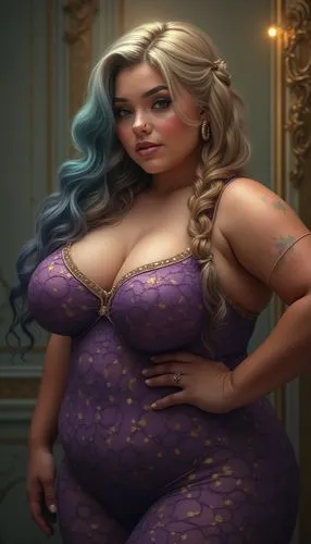 Hyperdetailed Epic, beautiful obese plus-sized curvy goddess, sharp focus,  purple golden needlepoint, very lifelike beautiful young curvy teal haired woman,slender with (plus size chest:1.8), she is 