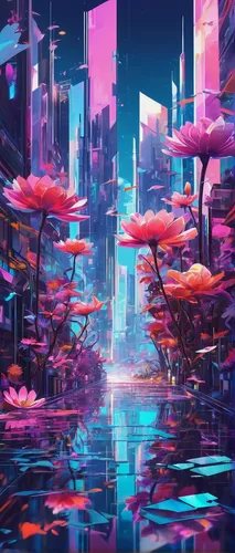 Imagine a futuristic city where holographic flowers bloom and fill the streets with light.,lagoon,futuristic landscape,aquarium,acid lake,underwater background,aquatic,waterscape,diamond lagoon,vapor,