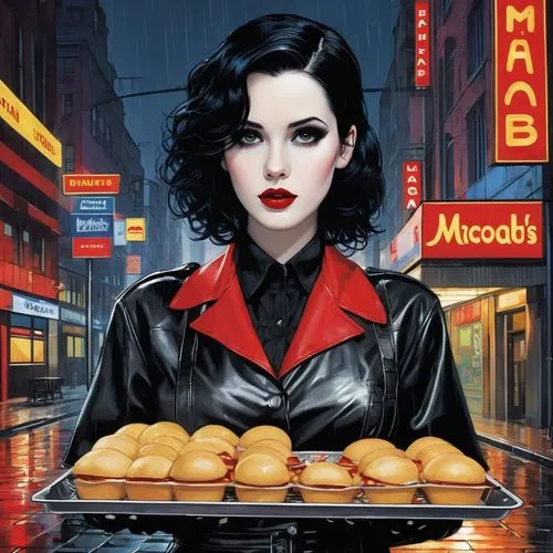 pandesal,retro diner,dita,pandebono,food icons,waitress,hostess,stylized macaron,magazine cover,rockabella,dita von teese,madeleine,cover,cooking book cover,woman holding pie,cigarette girl,diner,girl with bread-and-butter,macaroons,queen of puddings,Art,Artistic Painting,Artistic Painting 43