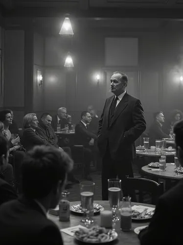 Realistic black and white photo: In a southern German restaurant hall, a conservative politician in a suit and tie, standing and not smoking, speaks to his listeners, who are gathered around several t