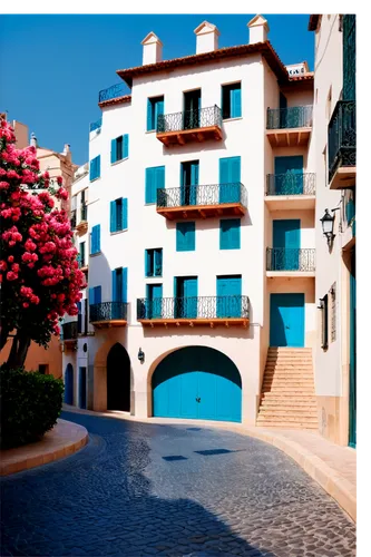 Beautiful Spain, landscape photography, warm sunlight, blue sky, whitewashed houses, red-tiled roofs, narrow cobblestone streets, ornate ironwork, flowering balconies, Plaza Mayor, Gaudí's architectur