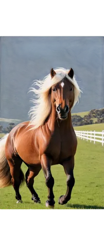 Rural landscape, rolling hills, green grass, white fence, majestic horse, brown coat, flowing mane, strong muscles, galloping, freedom, panoramic view, warm sunlight, soft focus, natural colors, cinem