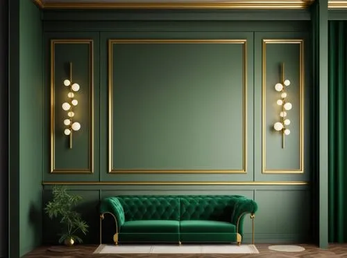 add a chesterfield sofa in emerald green color with pvd gold finish legs . .Walls will be in taup color and also add a planter in the corner and a classical curtains in left wall in taup color and a s