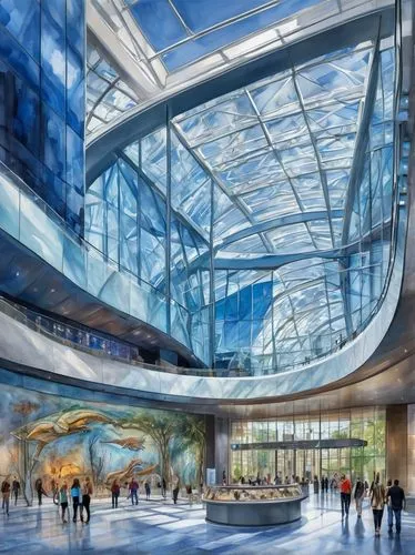 Futuristic evolution museum, curved glass exterior, intricate metal framework, neon lights tracing the structure, towering columns supporting the roof, grand entrance with revolving doors, sleek moder