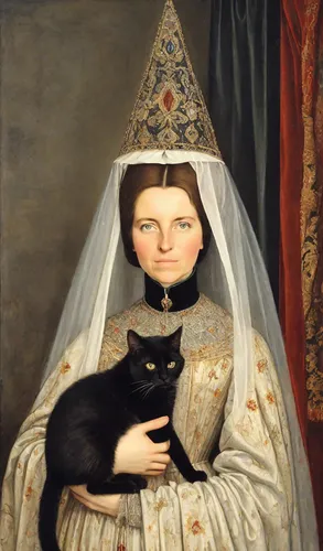 (woman Isabelle de Bourbon in 15th century medieval dress holding a one British dark grey cat in her arms: 1,5),
(on the woman's head there is a high Gothic cone "atour" with veil: 1,5), (a veil hangs