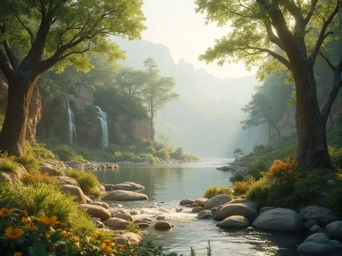 river landscape,fantasy landscape,nature landscape,forest landscape,mountain spring,brook landscape,beautiful landscape,landscape background,rivendell,landscape nature,nature wallpaper,mountain stream,mountain river,nature background,beauty scene,mountain landscape,forest lake,natural scenery,world digital painting,fantasy picture,Photography,General,Realistic