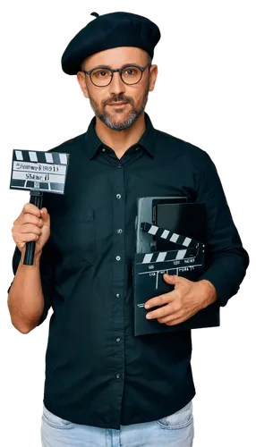 Film director, male, middle-aged, beard, glasses, black beret, white shirt, dark jeans, holding clapperboard, standing, behind camera, movie set, cinematic lighting, shallow depth of field, 3/4 compos