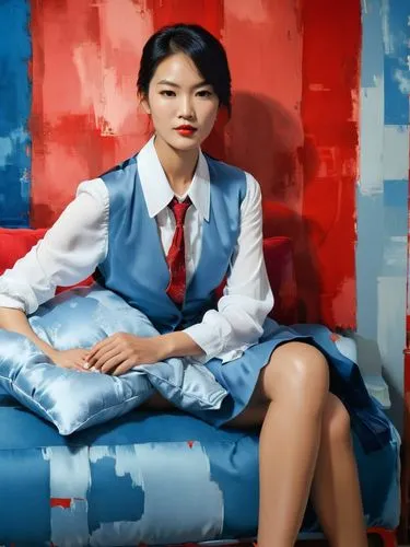 This picture shows a woman in a seated portrait. She is wearing a white shirt with a blue tie and a gray vest. The background is in shades of red and appears to contain abstract or stylized patterns. 