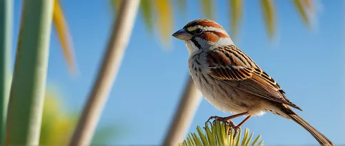 sparrow, Cayo Perico, bird, small, brown feathers, perched, tropical, palm trees, sandy beach, clear blue sky, bright sunlight, natural, wildlife, serene, detailed texture, realistic, vibrant colors, 