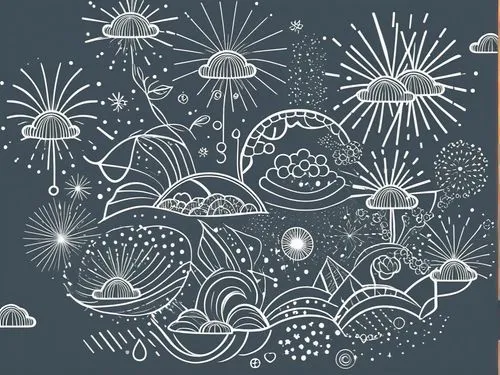 the painting is done using a pencil and ink, then using a colored crayon,jellyfish collage,fireworks background,background vector,new year clipart,jellyfishes,umbrella pattern,Illustration,Black and W