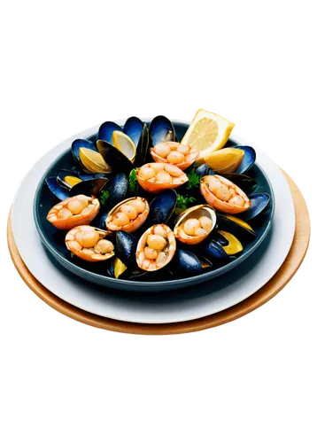 Fresh seafood, assorted platter, steamed mussels, boiled shrimp, grilled scallops, lemon slices, parsley garnish, white ceramic plate, golden utensils, natural wood table, warm lighting, shallow depth