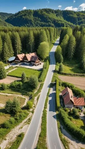 A modern village next to a vast and beautiful European forest, a dirt road and a small wall around this village.,zlatibor,styria,bucovina romania,cerknica,slovakia,swiss jura,south tyrol,romania,slove