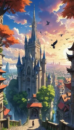 violet evergarden,fantasy city,fantasy world,shanghai disney,bird kingdom,ghibli,Illustration,Japanese style,Japanese Style 03