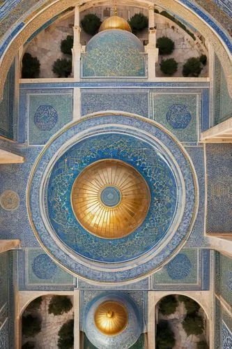 Dome of the Rock, Islamic architecture, Jerusalem, golden dome, intricate arabesque patterns, white marble, ornate columns, arches, mosaic tiles, vibrant blue, green, and gold accents, sacred geometry