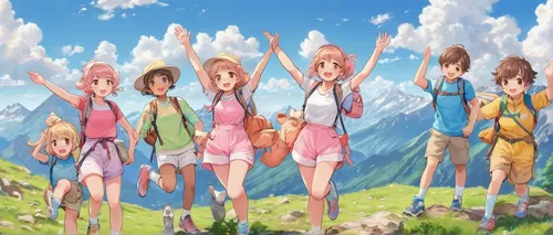 haruhi suzumiya sos brigade,kawaii children,tsumugi kotobuki k-on,fairies aloft,hikers,fairies,torekba,lily family,human chain,mountain world,yuki nagato sos brigade,fairy world,world end,children's background,group photo,background image,clover meadow,hiking,mountain hiking,horsetail family,Illustration,Japanese style,Japanese Style 01