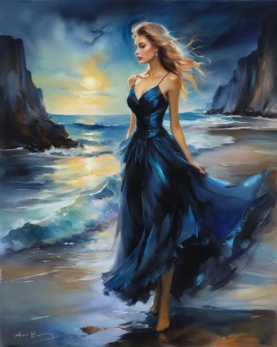 blue painting,celtic woman,girl in a long dress,watercolor blue,blue waters,the sea maid,Illustration,Paper based,Paper Based 11