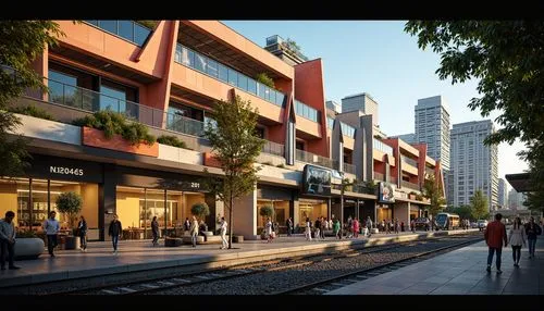 Vibrant train station, bold postmodernist facade, eclectic mix of materials, angular steel frames, curved glass surfaces, playful use of concrete, abstract sculptures, futuristic neon lights, dynamic 